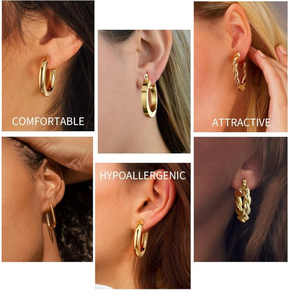 9 Pairs Gold Hoop Earrings Set, 925 Sterling Silver Post, 14K Gold Plated - Picture 4 of 6